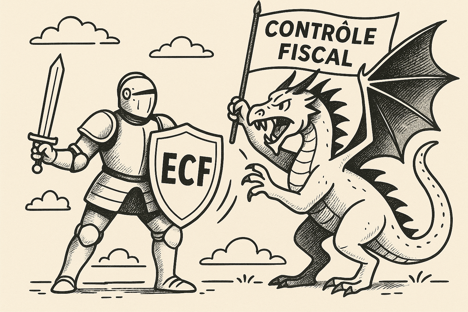 Un chevalier brandit un bouclier marqué “ECF” face à un dragon menaçant qui tient une bannière “Contrôle fiscal”